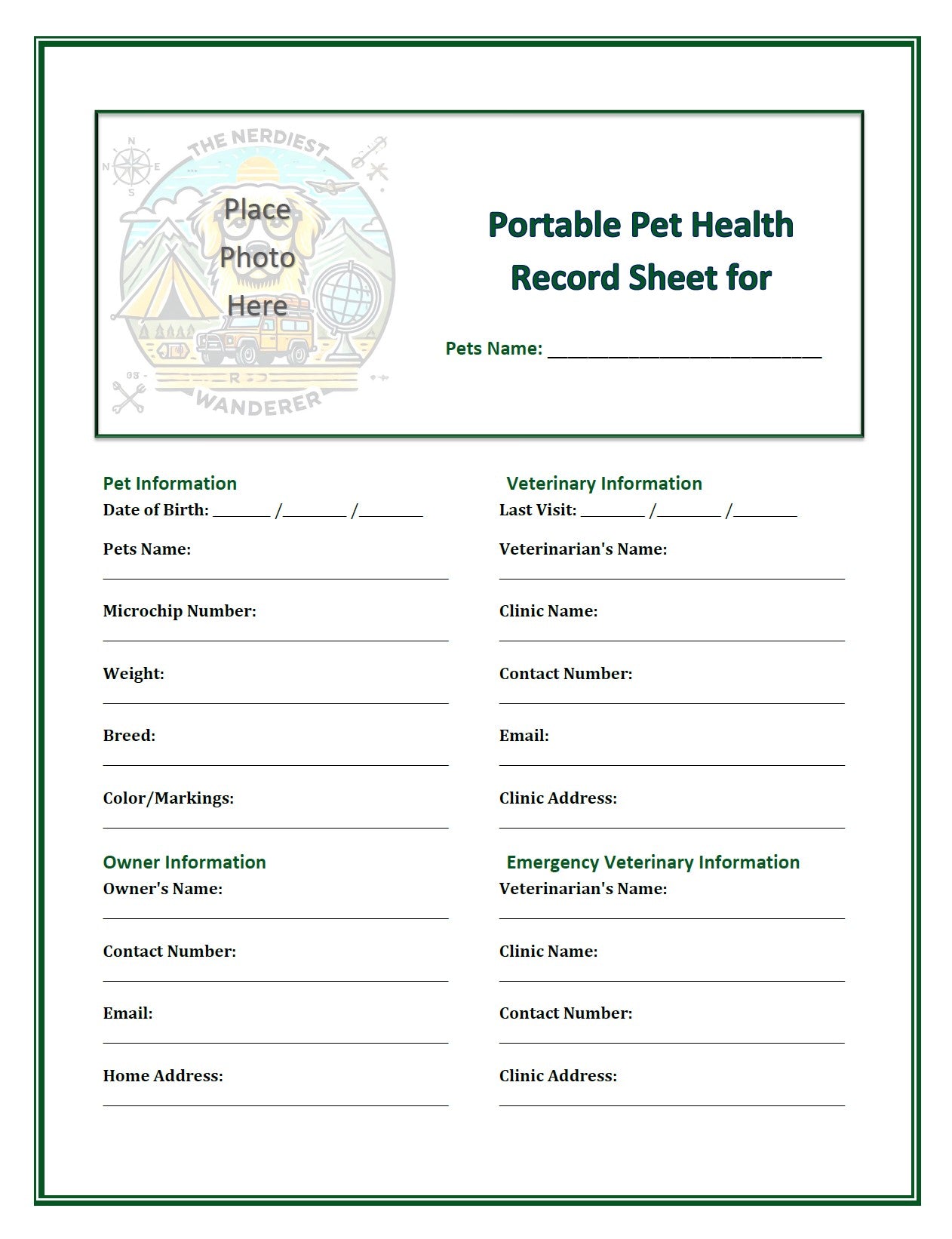 Portable Pet Health Record Sheet